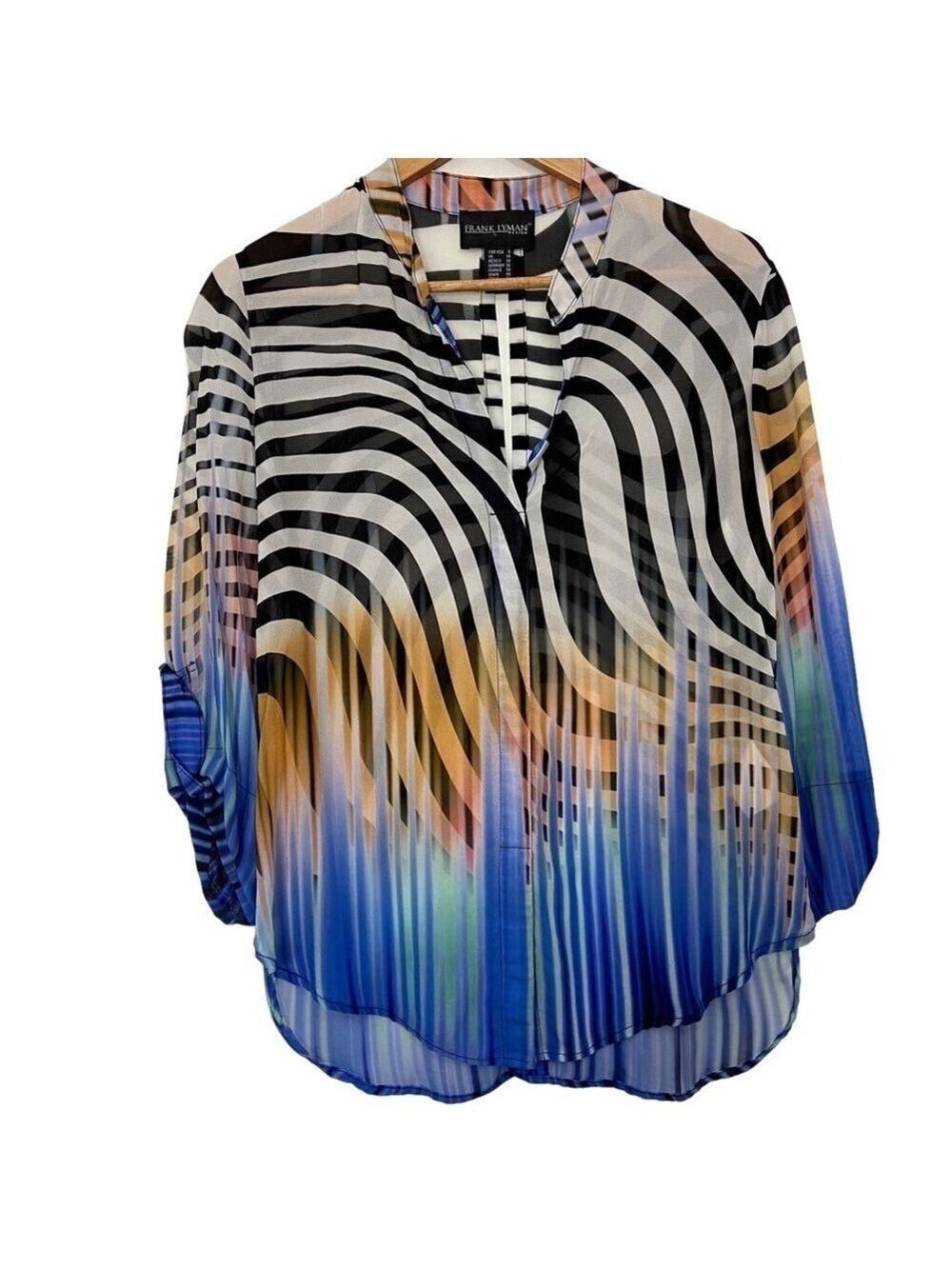FRANK Lyman sheer shirt zebra tiger multicolor blue pattern convertible sleeve 8